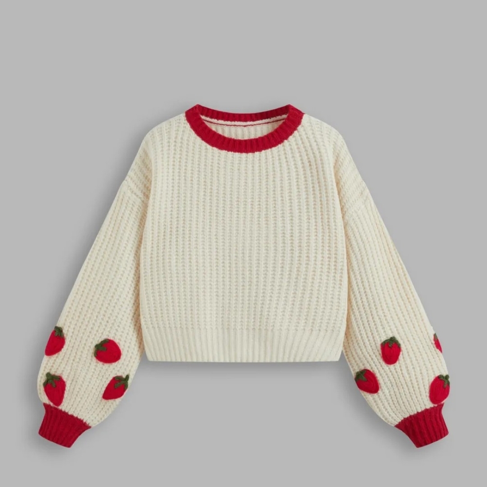 Cider Cream and Red Strawberry Knit Sweater